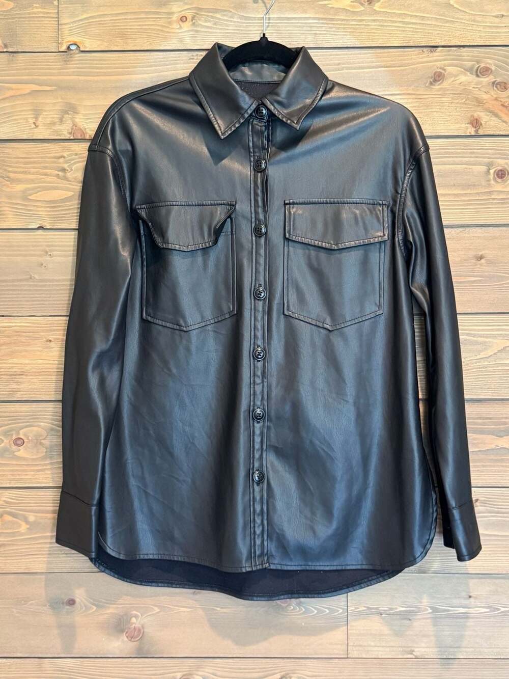 Faux Leather Button Up Shacket Size Small Black Long Sleeve Utility Shirt